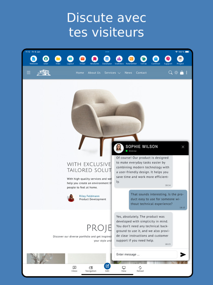Chat avec les visiteurs dans l'application de création de sites web – Vue tablette