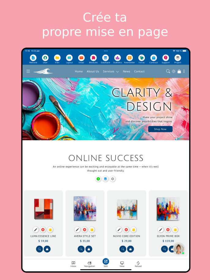 Éditeur de mise en page de l'application de création de sites web – Vue tablette