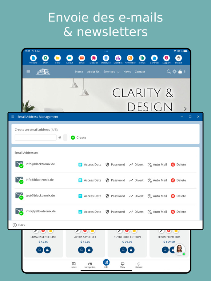 Envoi de newsletters via l'application – Vue tablette