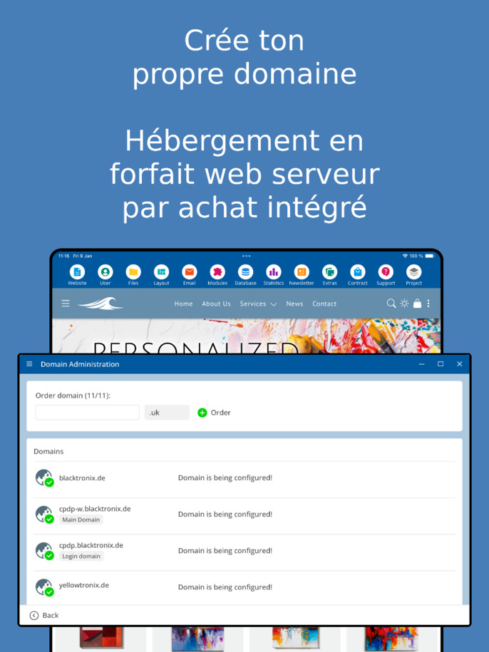 Gestion de domaine dans l'application – Capture d'écran de tablette