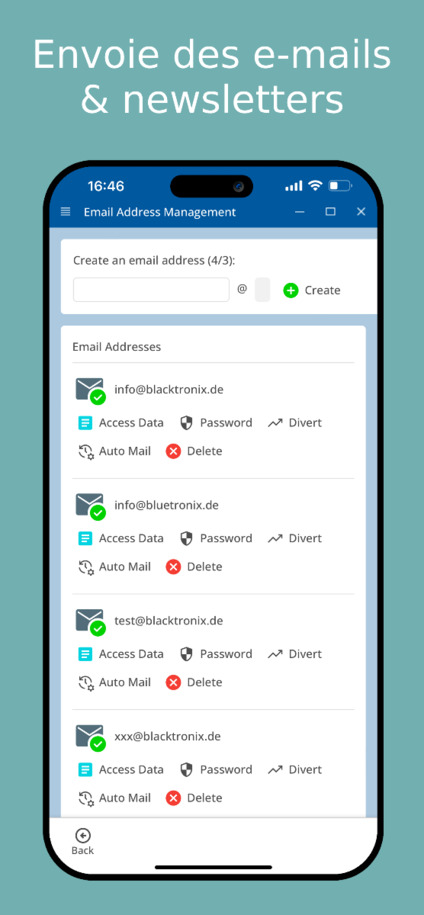 Envoyer des newsletters et des e-mails via l'application – Vue mobile