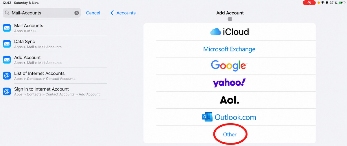 iPad Account hinzufügen mit markierter Option Andere