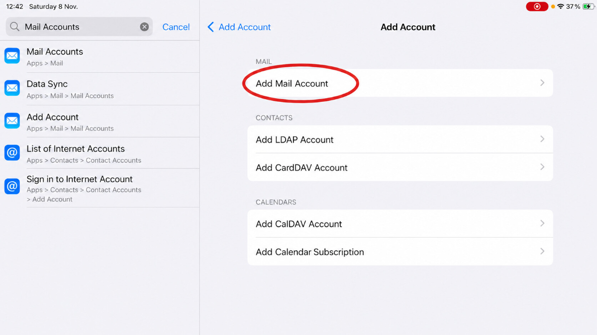 iPad Auswahlmenü Andere mit markiertem Punkt Mail-Account hinzufügen