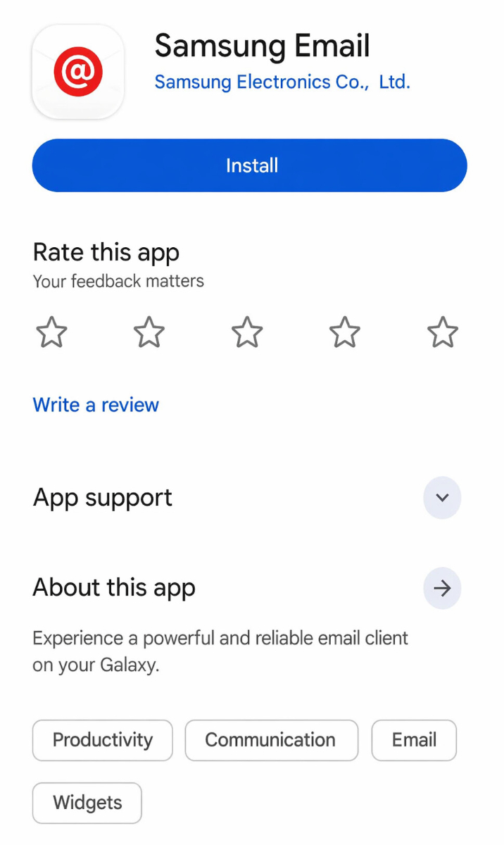 Google Play Store mit dem Eintrag der Samsung E-Mail App und der Möglichkeit, die App zu installieren