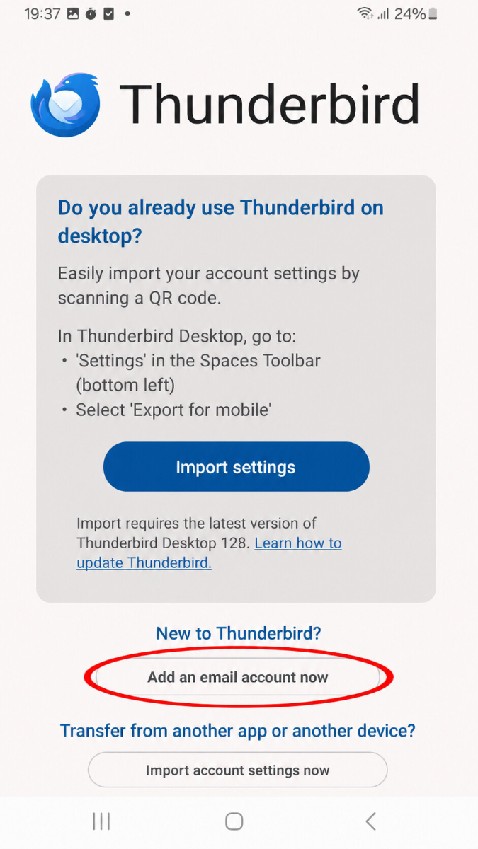 Thunderbird auf Android mit der Auswahl Jetzt ein E-Mail-Konto hinzufügen