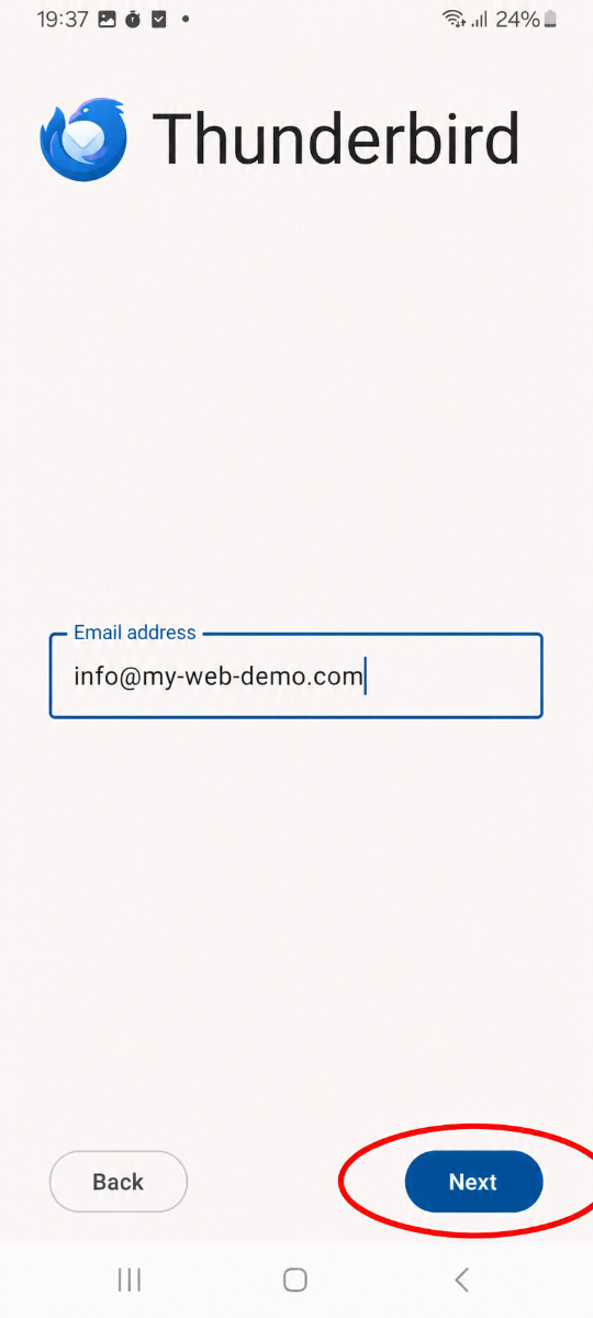 Eingabe der E-Mail-Adresse in Thunderbird auf Android