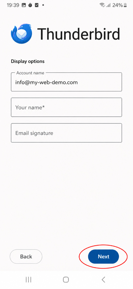 Anzeigeoptionen in Thunderbird mit Kontoname, Name und E-Mail-Signatur