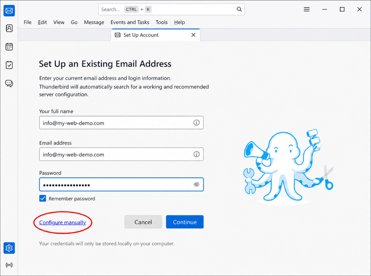 Thunderbird auf Windows mit Eingabefeldern für Name, E-Mail-Adresse und Passwort sowie dem Link Manuell einrichten